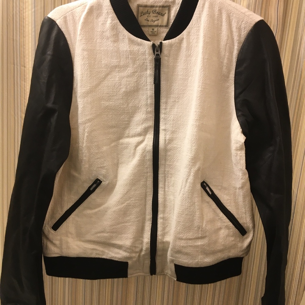 COPY - NWT Lucky Brand Two-Tone Varsity Jacket Cotton W/ Leather Sleeves Size M…